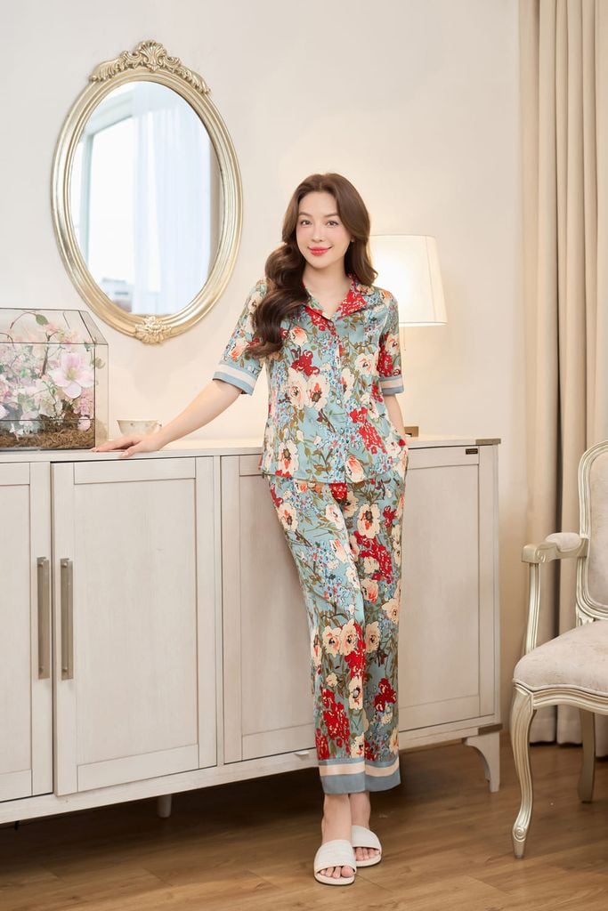  Bộ pyjama lụa quần dài ống suông tay lỡ họa tiết mặc nhà Cardina 