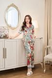  Bộ pyjama lụa quần dài ống suông tay lỡ họa tiết mặc nhà Cardina 