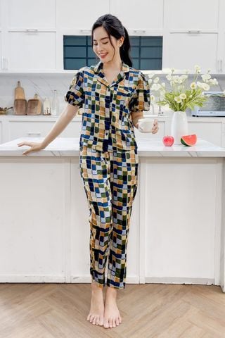 Bộ pijama lụa tay phồng quần dài, đồ bộ Pijama cao cấp