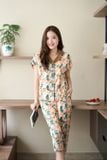  Bộ pijama lửng nữ mặc nhà chất liệu lụa tay liền phối cổ 