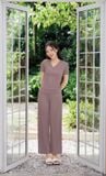  Bộ mặc nhà nữ quần suông dài chất liệu tăm lạnh cổ trụ V 