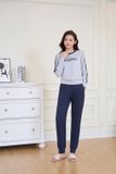 Bộ cotton thu đông nữ dáng thể thao phối sọc quần dài in họa tiết 