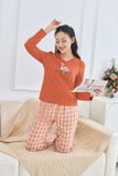  Bộ thu đông mặc nhà chất liệu cotton họa tiết kẻ cổ tim quần ống đứng 