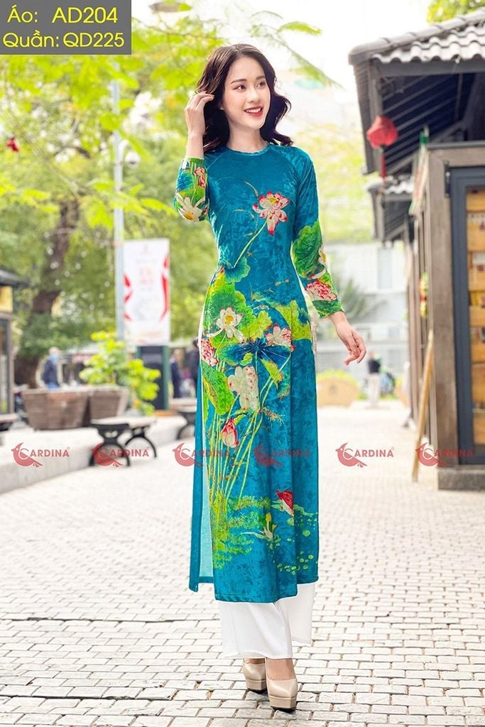 Áo dài cách tân vải nhung họa tiết Cardina 