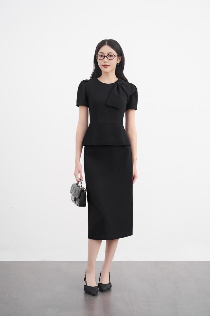  Set áo peplum chân váy A đứng chất chéo Hàn dày dặn 