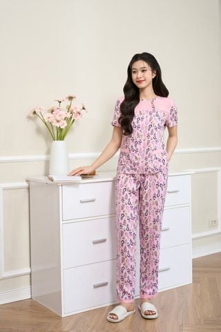 Bộ lanh mặc nhà nữ quần dài phối ngực họa tiết