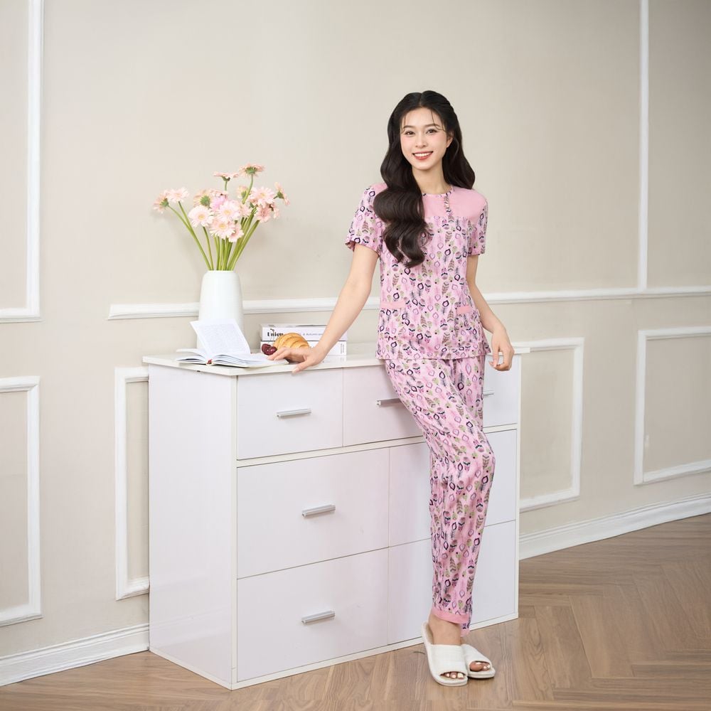  Bộ lanh mặc nhà nữ quần dài phối ngực họa tiết 
