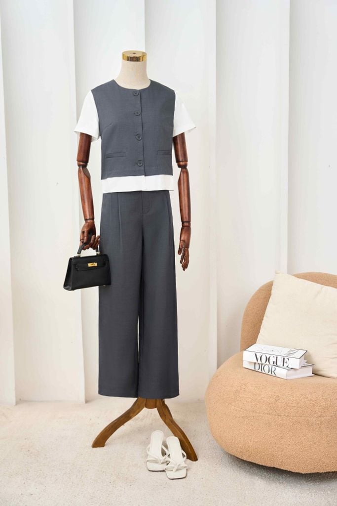  Set bộ nữ vải chéo Hàn dáng áo gile phối quần ống rộng 