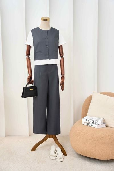  Set bộ nữ vải chéo Hàn dáng áo gile phối quần ống rộng 