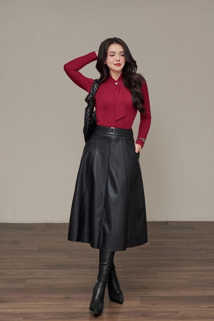  Chân váy dáng A có đai chất liệu da cao cấp 