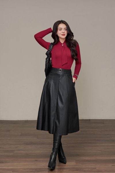  Chân váy dáng A có đai chất liệu da cao cấp 