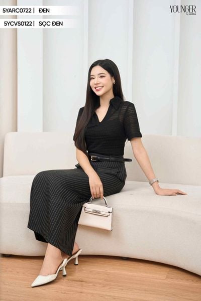  Chân váy nữ Cardina dòng Younger vải tuyết si thiết kế kẻ sọc dáng Midi túi giả 