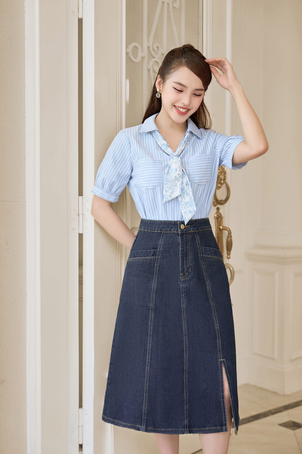 phối đồ với chân váy jean chữ a