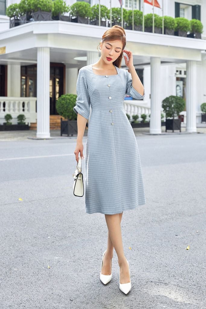  Đầm dạ tweed cổ vuông tay lỡ phối cúc ngọc sang chảnh 