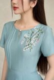  Đầm dáng A chất đũi cổ tròn giọt lệ thêu hoa vai túi sườn 