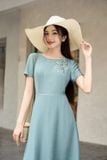  Đầm dáng A chất đũi cổ tròn giọt lệ thêu hoa vai túi sườn 