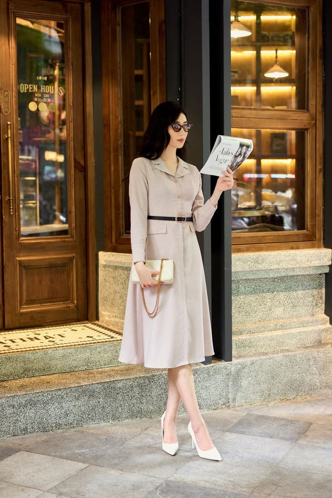  Đầm ký giả dài tay chất thô xước cổ vest khóa sau 