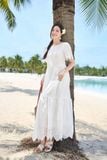  Đầm maxi đi biển vải thô boi dáng suông tay lỡ thêu màu trắng 