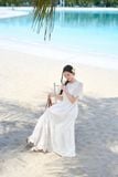  Đầm maxi đi biển vải thô boi dáng suông tay lỡ thêu màu trắng 