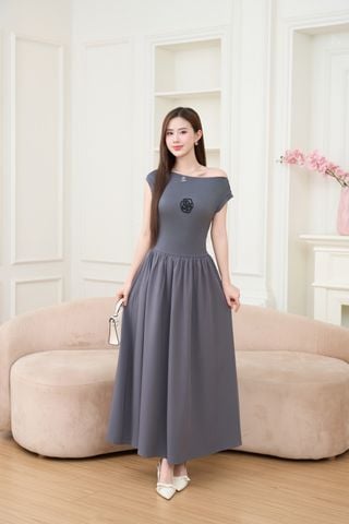 Đầm midi cổ thuyền đính tag chất thun cotton tà vải si gấy