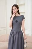  Đầm midi cổ thuyền đính tag chất thun cotton tà vải si gấy 