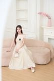 Đầm midi cổ thuyền đính tag chất thun cotton tà vải si gấy 
