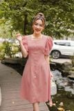  Đầm công sở nữ chất nhung tăm cao cấp, dáng xòe chữ a cổ vuông tay bồng 
