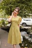  Đầm công sở nữ chất nhung tăm cao cấp, dáng xòe chữ a cổ vuông tay bồng 