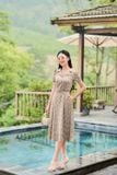  Đầm cao cấp chất lụa Hàn Châu cổ vest đai eo họa tiết thanh lịch 