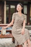  Đầm cao cấp chất lụa Hàn Châu cổ vest đai eo họa tiết thanh lịch 