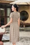  Đầm cao cấp chất lụa Hàn Châu cổ vest đai eo họa tiết thanh lịch 