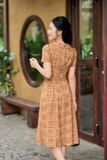  Đầm cao cấp chất lụa Hàn Châu cổ vest đai eo họa tiết thanh lịch 