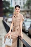  Đầm sơ mi suông dáng tay liền thắt eo chất đũi mềm mại 