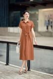  Đầm sơ mi suông dáng tay liền thắt eo chất đũi mềm mại 