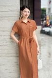  Đầm sơ mi suông dáng tay liền thắt eo chất đũi mềm mại 