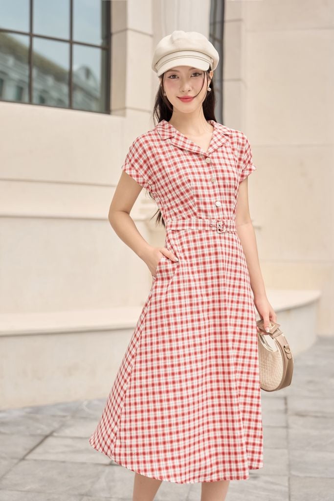  Đầm thô tay liền cổ vest có đai eo tôn dáng, thanh lịch 