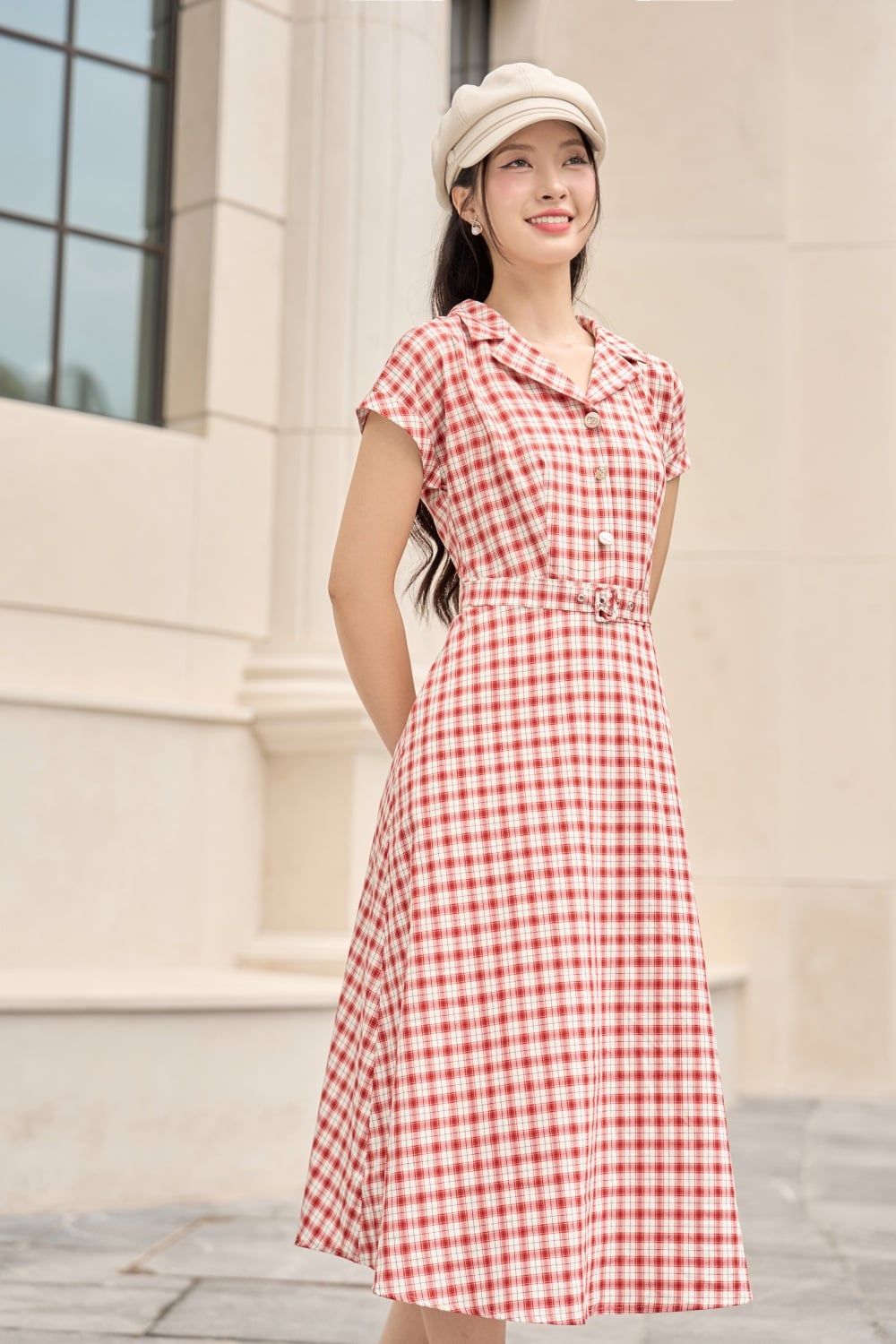  Đầm thô tay liền cổ vest có đai eo tôn dáng, thanh lịch 