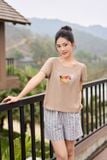  Bộ đồ mặc nhà chất đũi thoáng mát hoạ tiết thêu cổ thuyền phối quần đùi 
