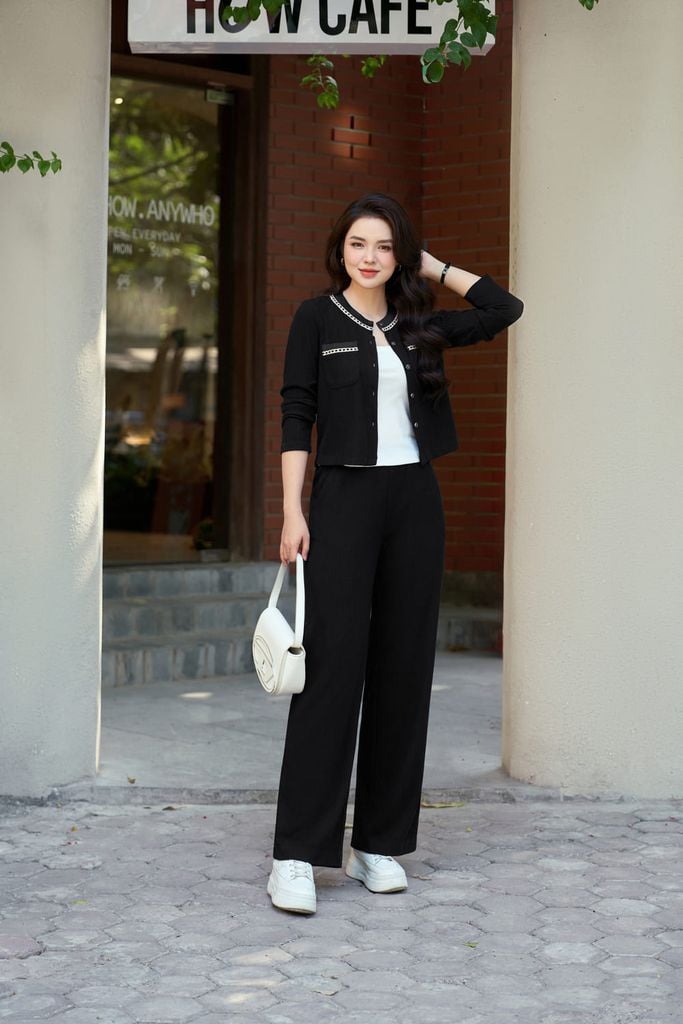  Set áo cổ tròn túi ngực phối dây viền quần ống rộng chất len nhung 