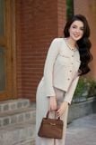  Set áo cổ tròn túi ngực phối dây viền quần ống rộng chất len nhung 