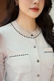  Set áo cổ tròn túi ngực phối dây viền quần ống rộng chất len nhung 
