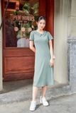  Đầm polo chất liệu Cotton dáng dài cúc sau cổ nhọn cách điệu ngắn tay 