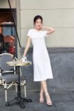  Đầm polo chất liệu Cotton dáng dài cúc sau cổ nhọn cách điệu ngắn tay 