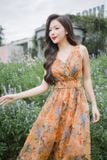  Đầm maxi chất liệu tơ cao cấp kiểu dáng sát nách cổ V họa tiết 