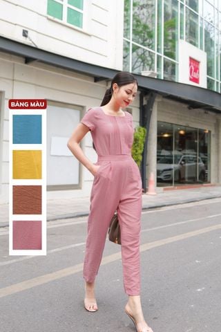 Jumsuit dài sang chảnh chất đũi cổ vuông dáng quần baggy tôn chiều cao