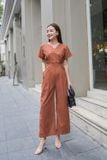  Jumpsuit nữ dáng dài sang chảnh chất linen, kiểu dáng cổ V tay liền quần dài 