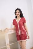  Bộ Pyjama lụa Satin đùi họa tiết cổ Y phối màu nữ tính 