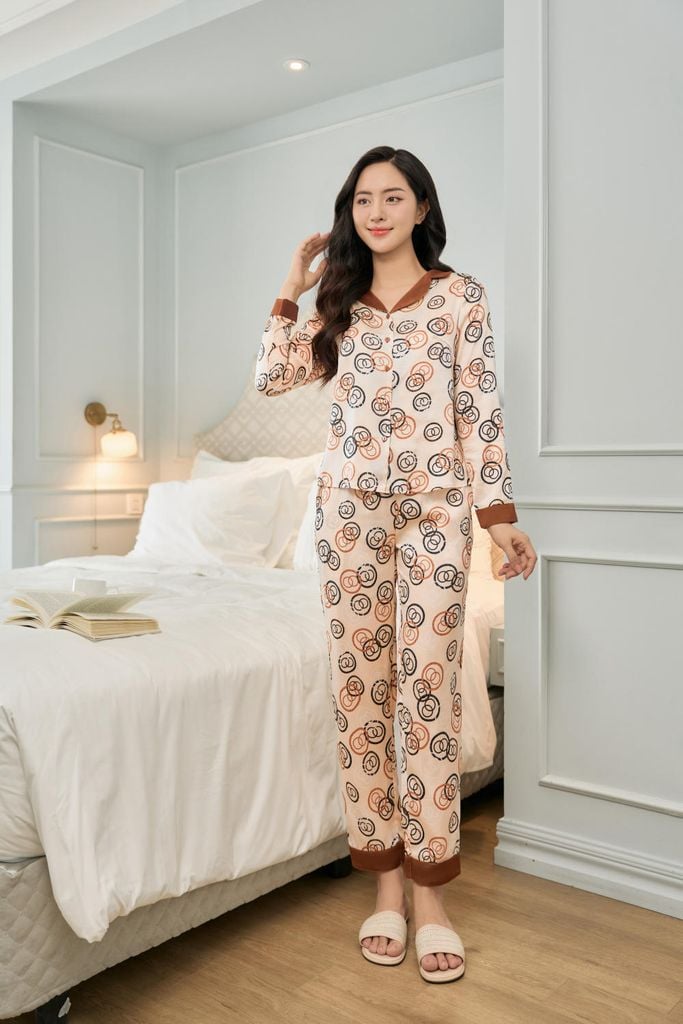 Bộ pyjama dài tay phối cổ quần dài chất lụa cao cấp 