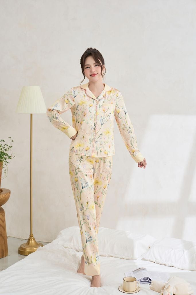  Pyjama quần dài áo dài phối gấu chất lụa satin thoáng mát 