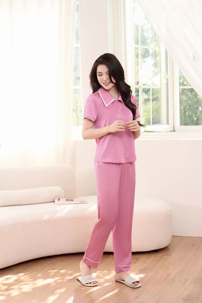  Bộ Pijama suông tay cộc cổ nhạn phối màu chất lụa mềm mại 